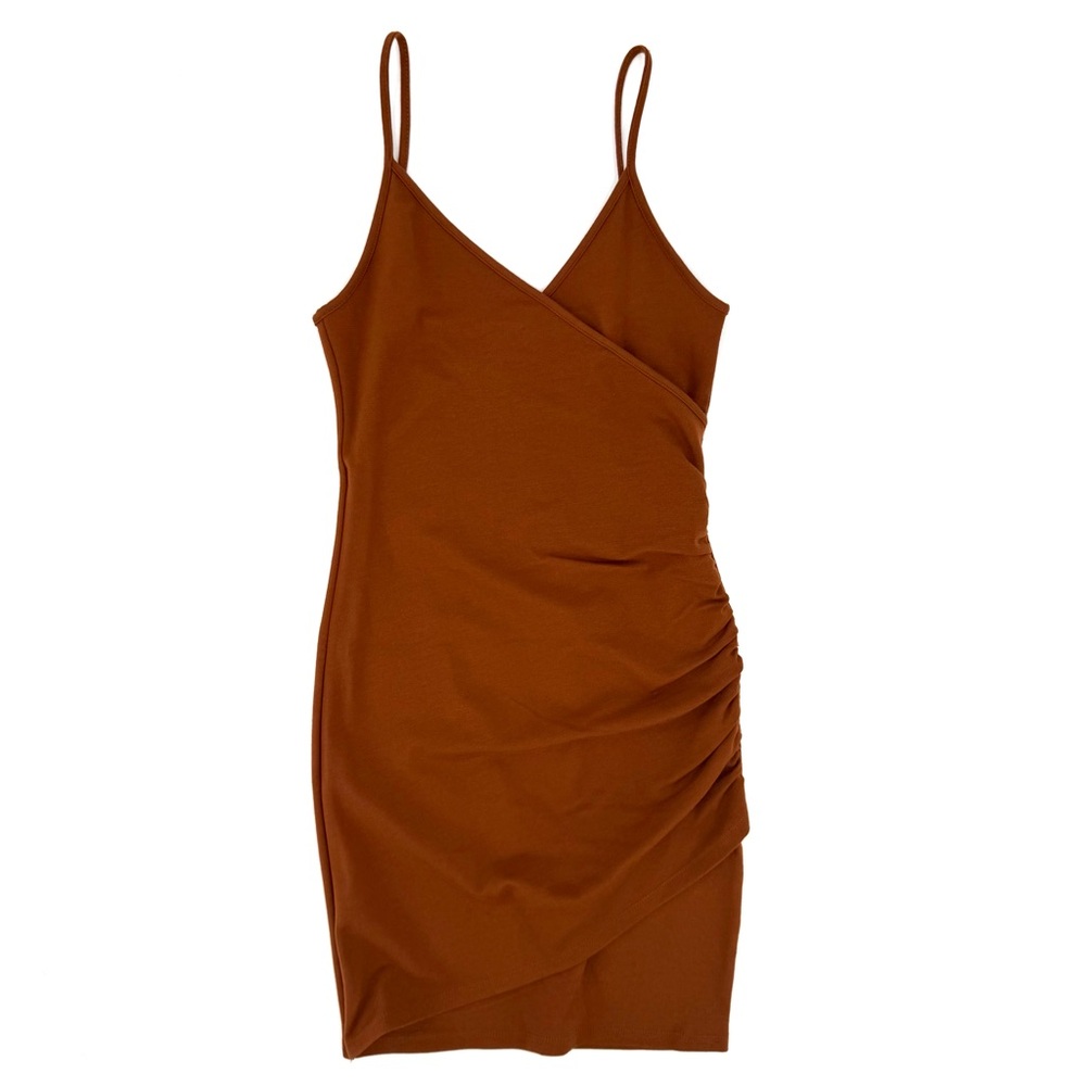 NWT Chestnut Brown Knit Mini Dress, Ruched Wrap Front, Adjustable Straps, Fall